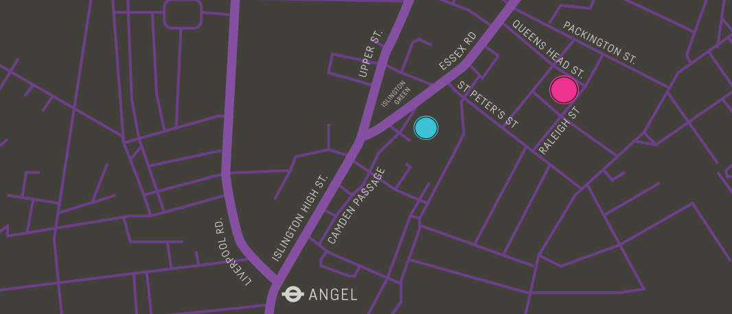 Map of 3 Angel, Islington, London, with 3 locations of Angel Comedy Club events